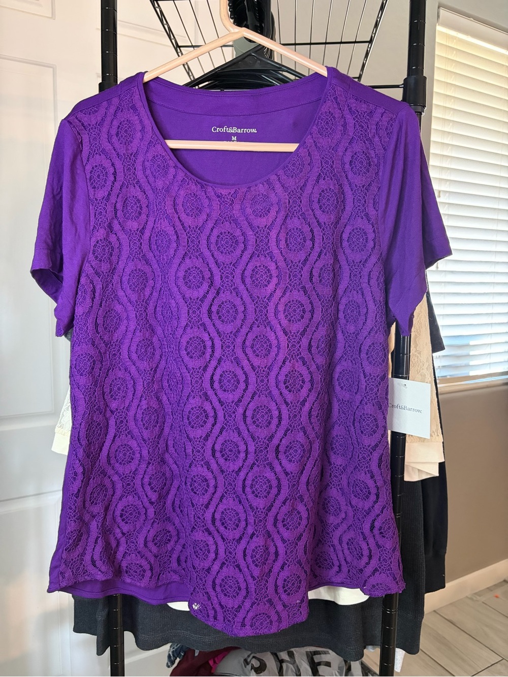 croft & barrow Purple Short Sleeve Lace Overlay Tee